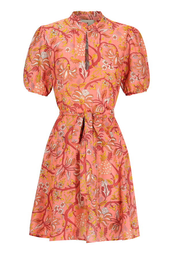 a coral mini dress with a tie waist, flared skirt, short puff sleeves, high neck with loop closure, and a yellow, red, and orange floral pattern. transparent background.