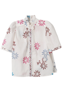 A white shirt with a ruffled collar and a pink, brown, and blue floral pattern. transparent background.