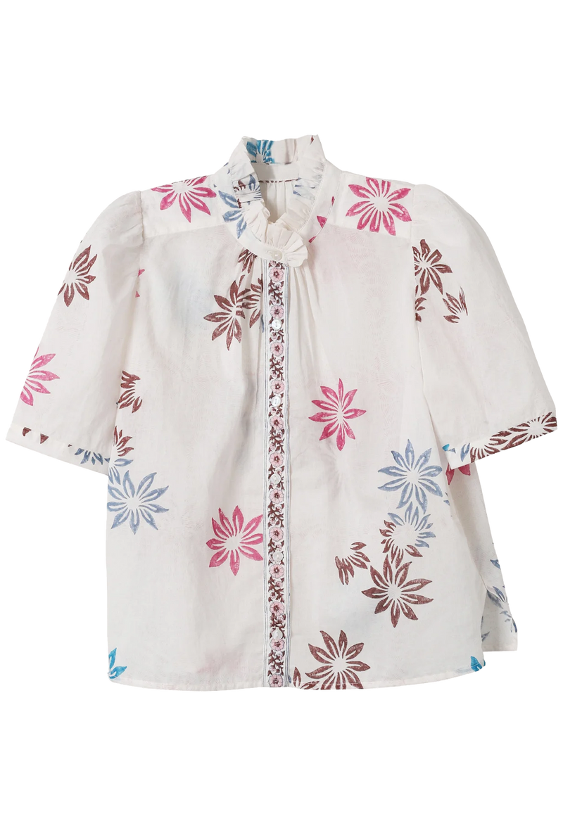 A white shirt with a ruffled collar and a pink, brown, and blue floral pattern. transparent background.