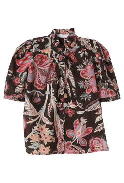A brown shirt with a ruffled collar and a multi colored floral pattern, mostly pink and red. transparent background.