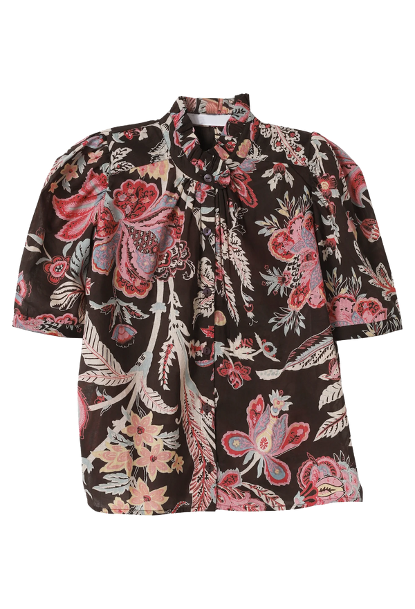 A brown shirt with a ruffled collar and a multi colored floral pattern, mostly pink and red. transparent background.