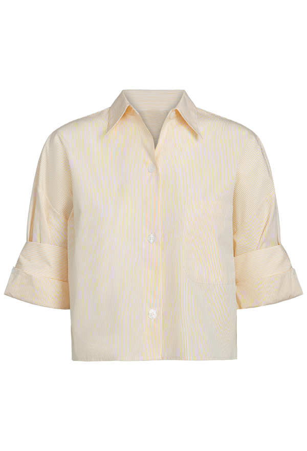 a white and yellow striped cropped button up shirt with rolled sleeves. transparent background.