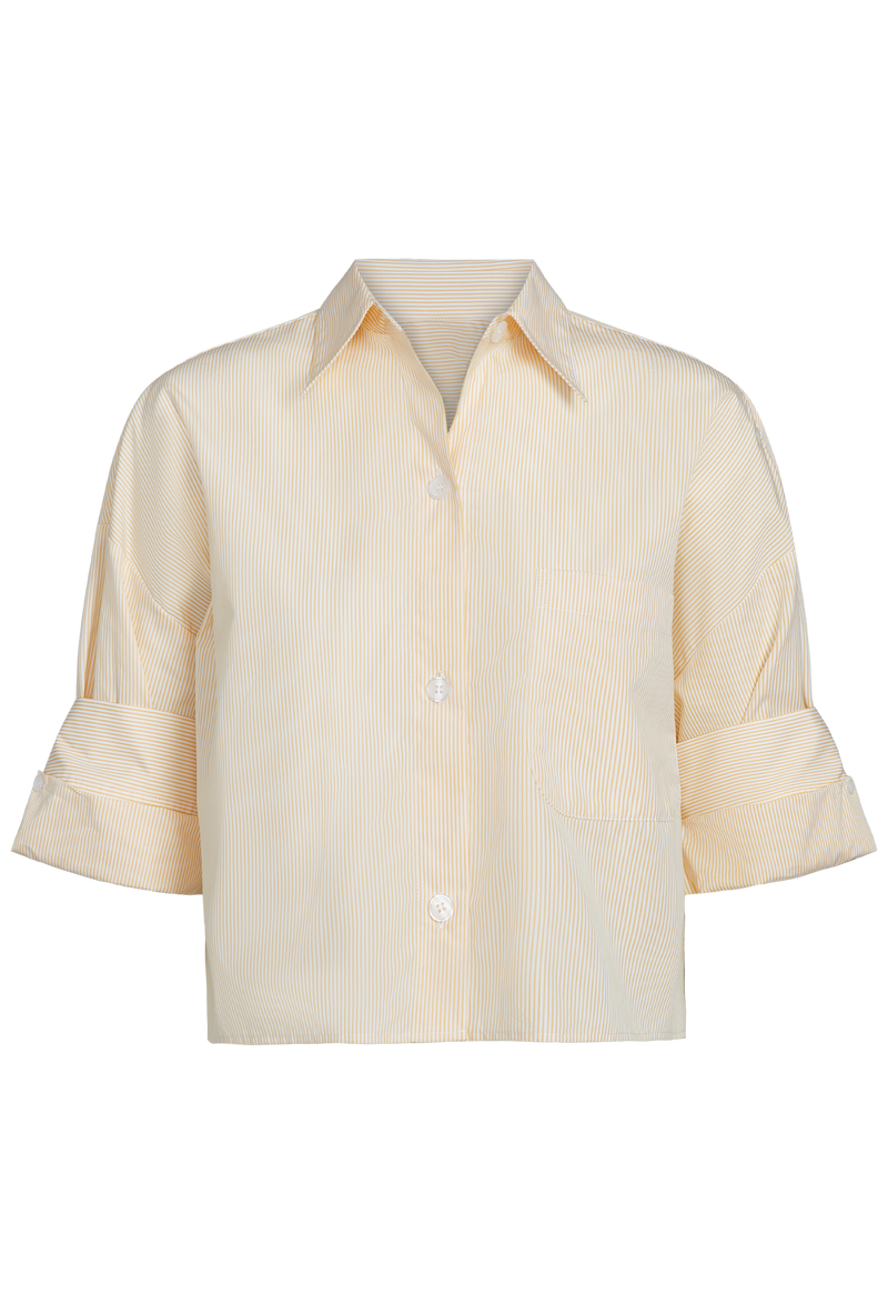 a white and yellow striped cropped button up shirt with rolled sleeves. transparent background.