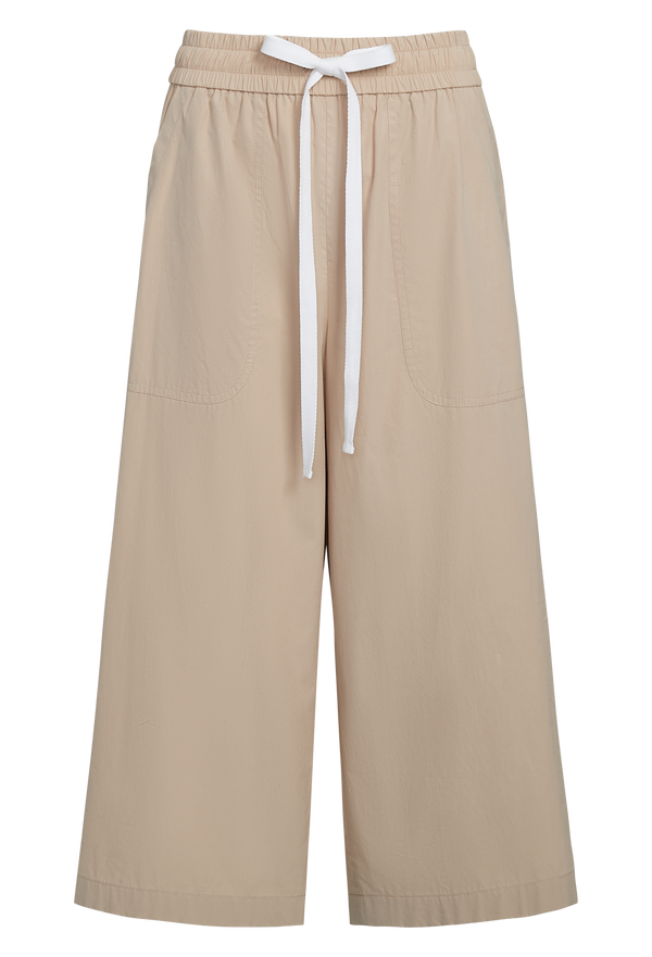 cropped beige pants with two deep front pockets and a drawstring waistband. transparent background.