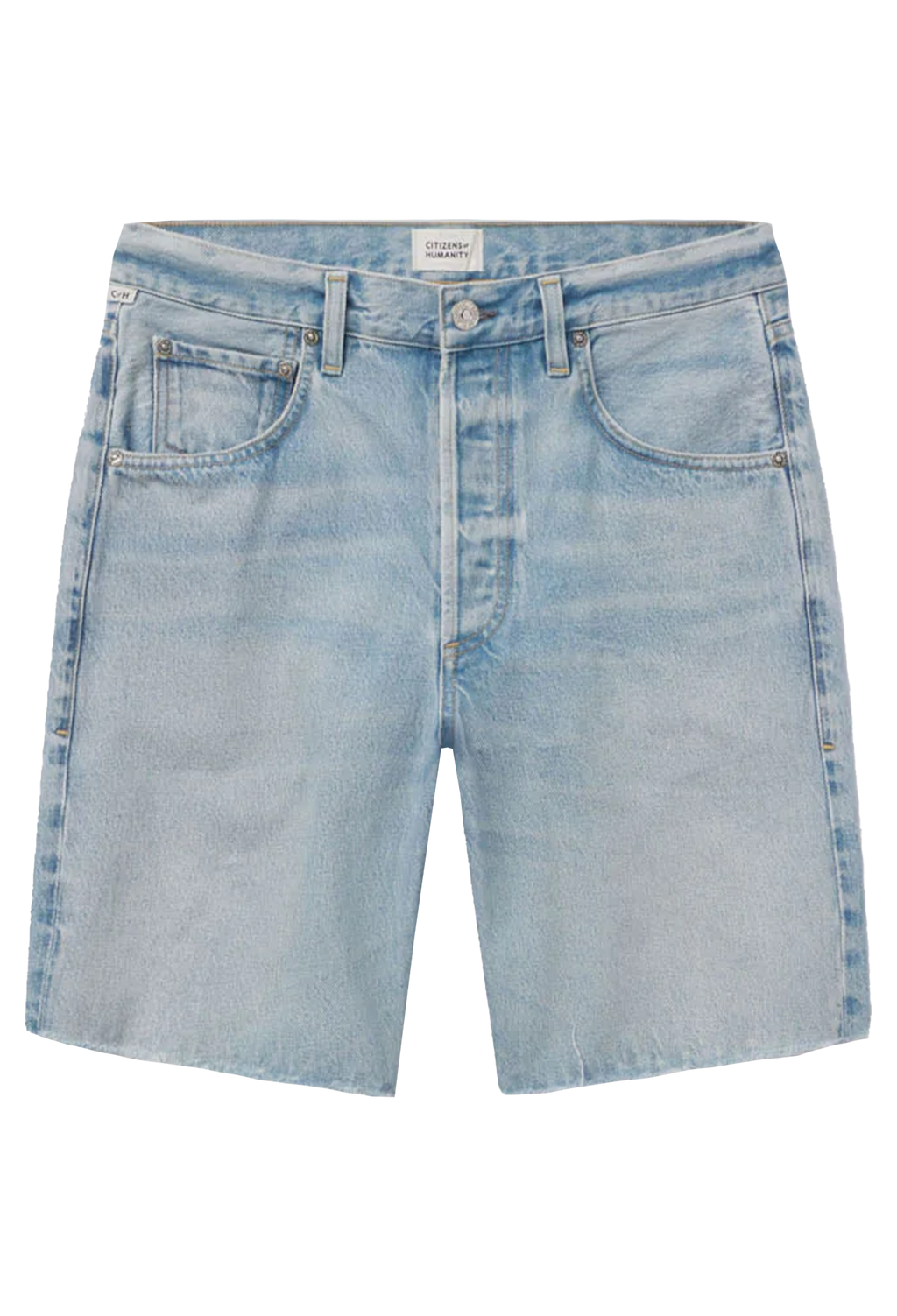 long light wash denim shorts with a frayed hem. transparent background.