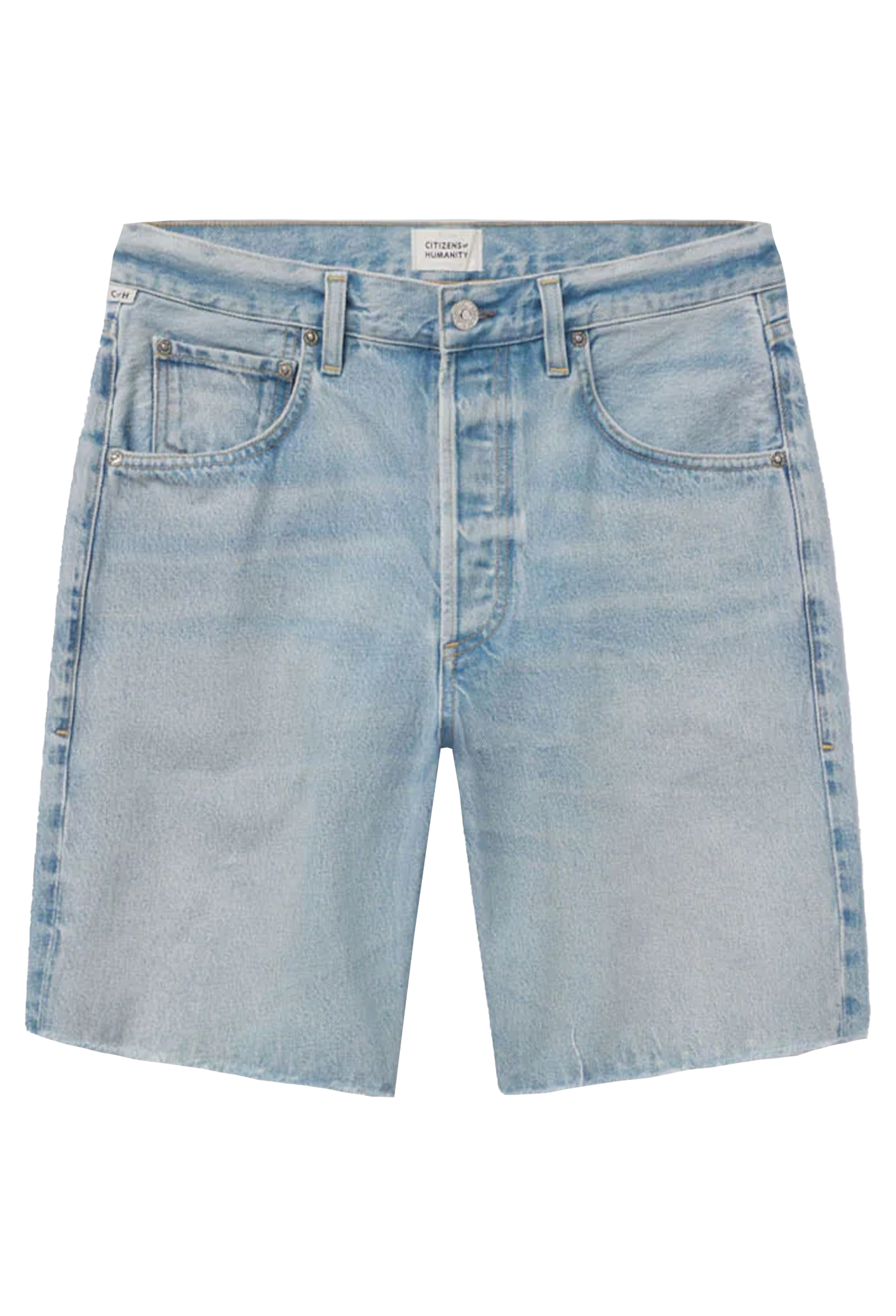 long light wash denim shorts with a frayed hem. transparent background.
