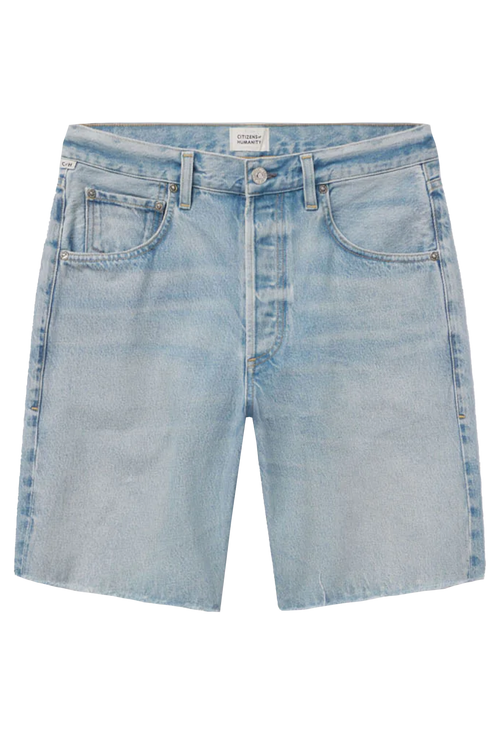 long light wash denim shorts with a frayed hem. transparent background.