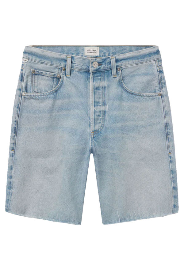 long light wash denim shorts with a frayed hem. transparent background.
