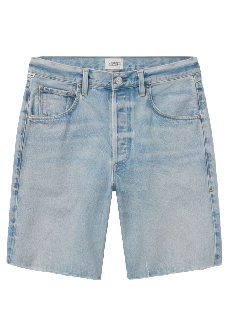 long light wash denim shorts with a frayed hem. transparent background.