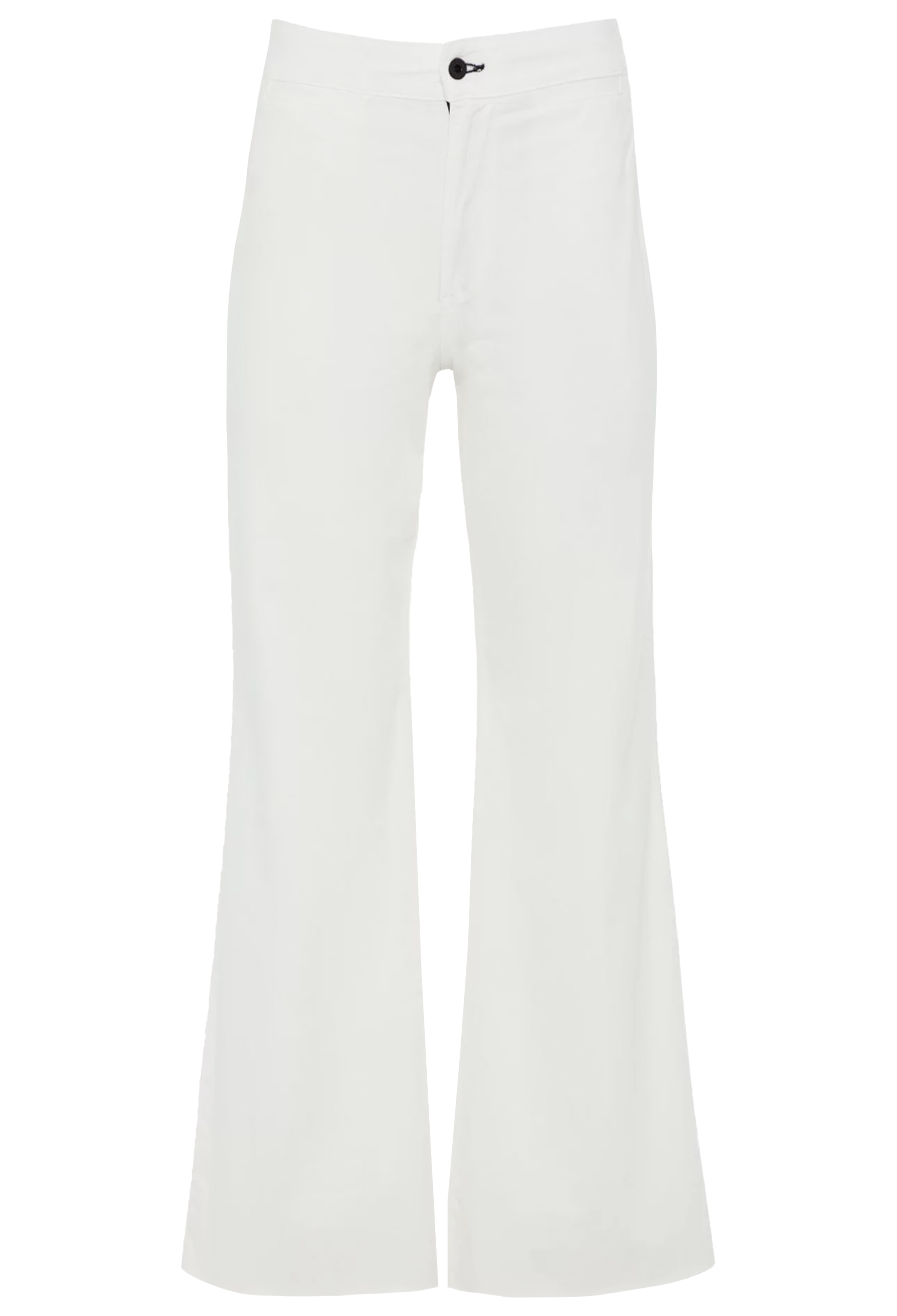 a white pant with a flared leg and frayed hem. transparent background