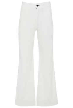 a white pant with a flared leg and frayed hem. transparent background