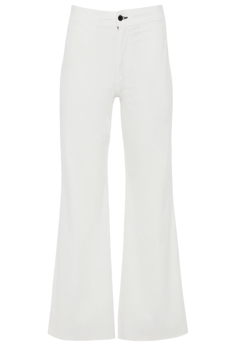 a white pant with a flared leg and frayed hem. transparent background