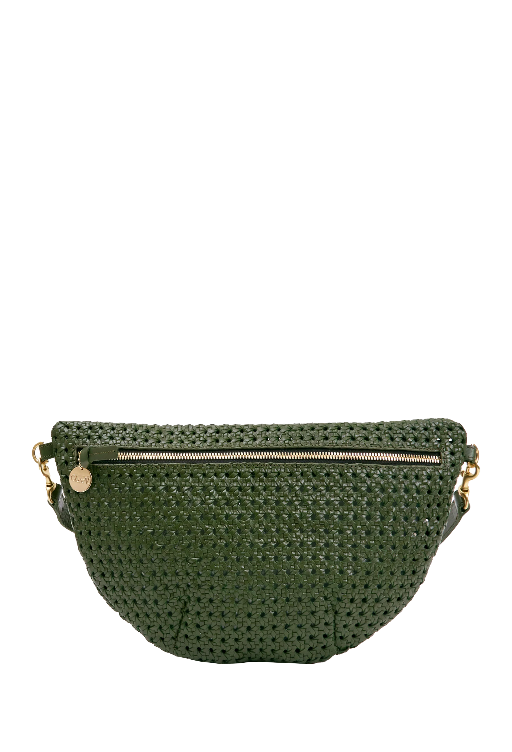 an army green rattan leather fanny pack. transparent backgrounnd.
