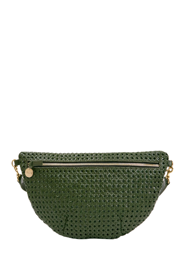 an army green rattan leather fanny pack. transparent backgrounnd.
