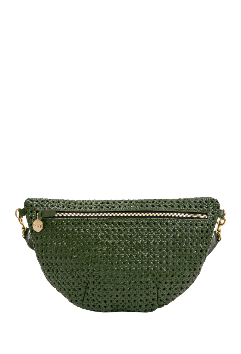 an army green rattan leather fanny pack. transparent backgrounnd.