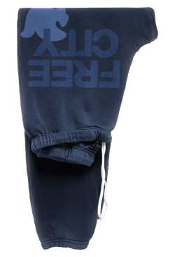 sweatpant in moonshrooms with classic "FREECITY" print in blue and tonal light blue "FREECITYDOVE," covered elastic waist and pull drawcord. transparent background.