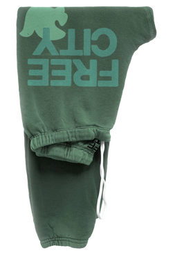 sweatpant in eatgreen with classic "FREECITY" print in dusty teal and  tonal light green "FREECITYDOVE," covered elastic waist and pull drawcord. transparent background.