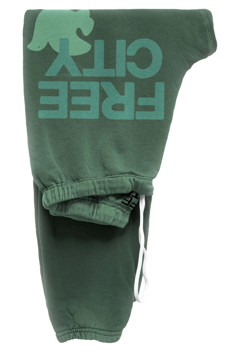 sweatpant in eatgreen with classic "FREECITY" print in dusty teal and  tonal light green "FREECITYDOVE," covered elastic waist and pull drawcord. transparent background.