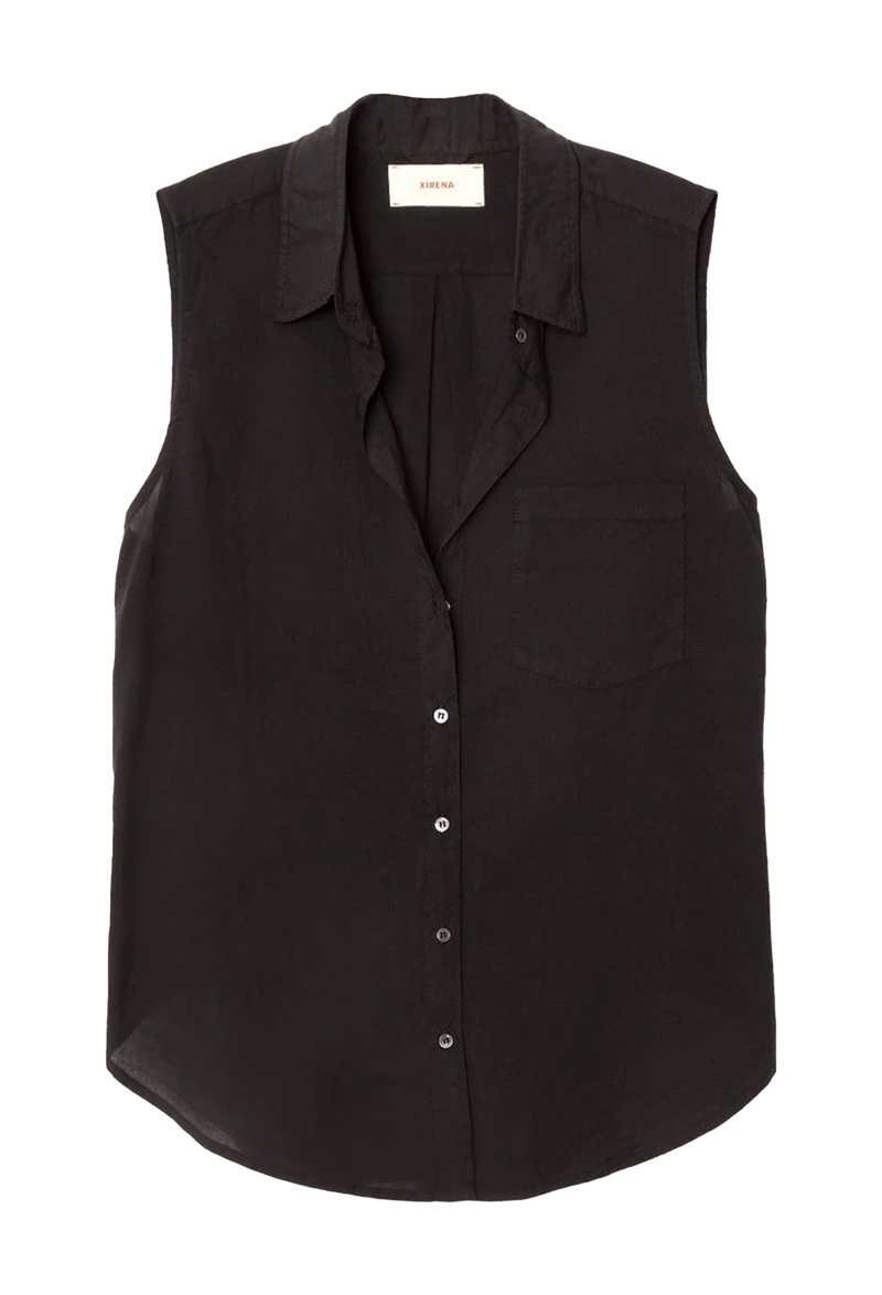 a black sleeveless button-front shirt with chest patch pocket. transparent background