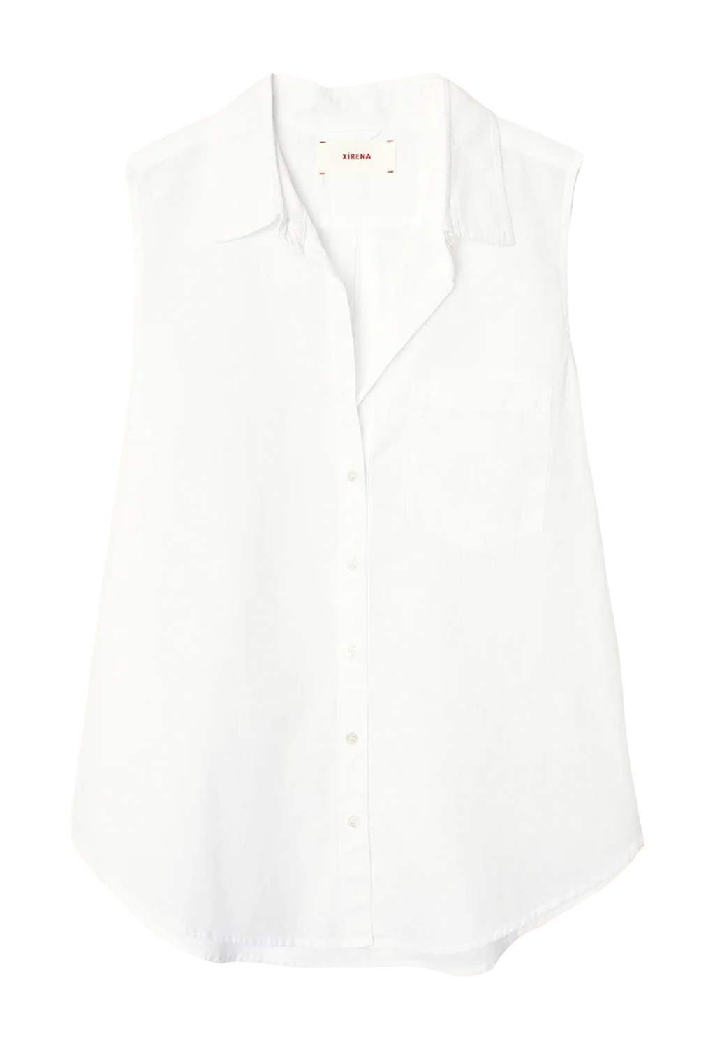 a white sleeveless button-front shirt with chest patch pocket. transparent background