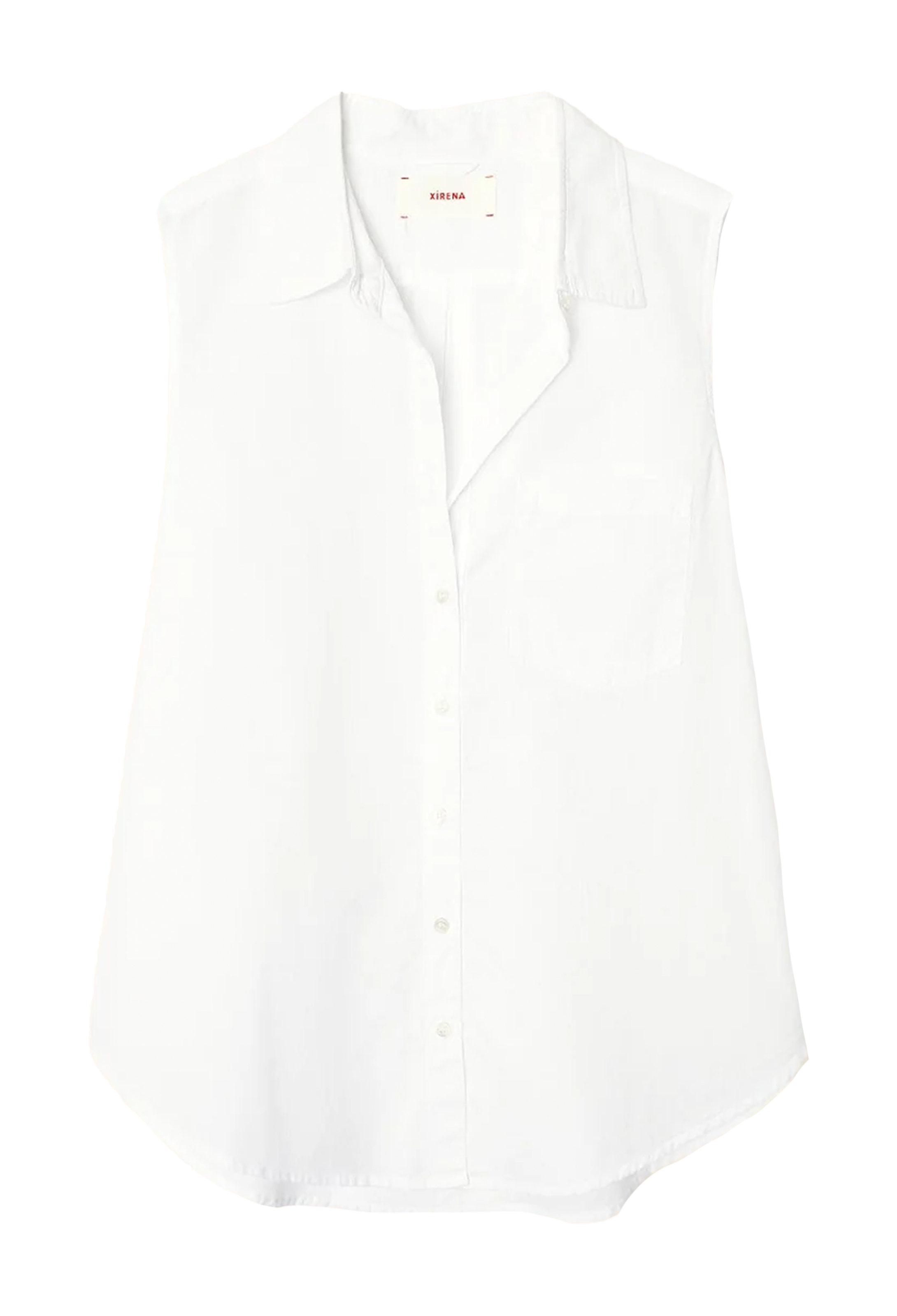 a white sleeveless button-front shirt with chest patch pocket. transparent background