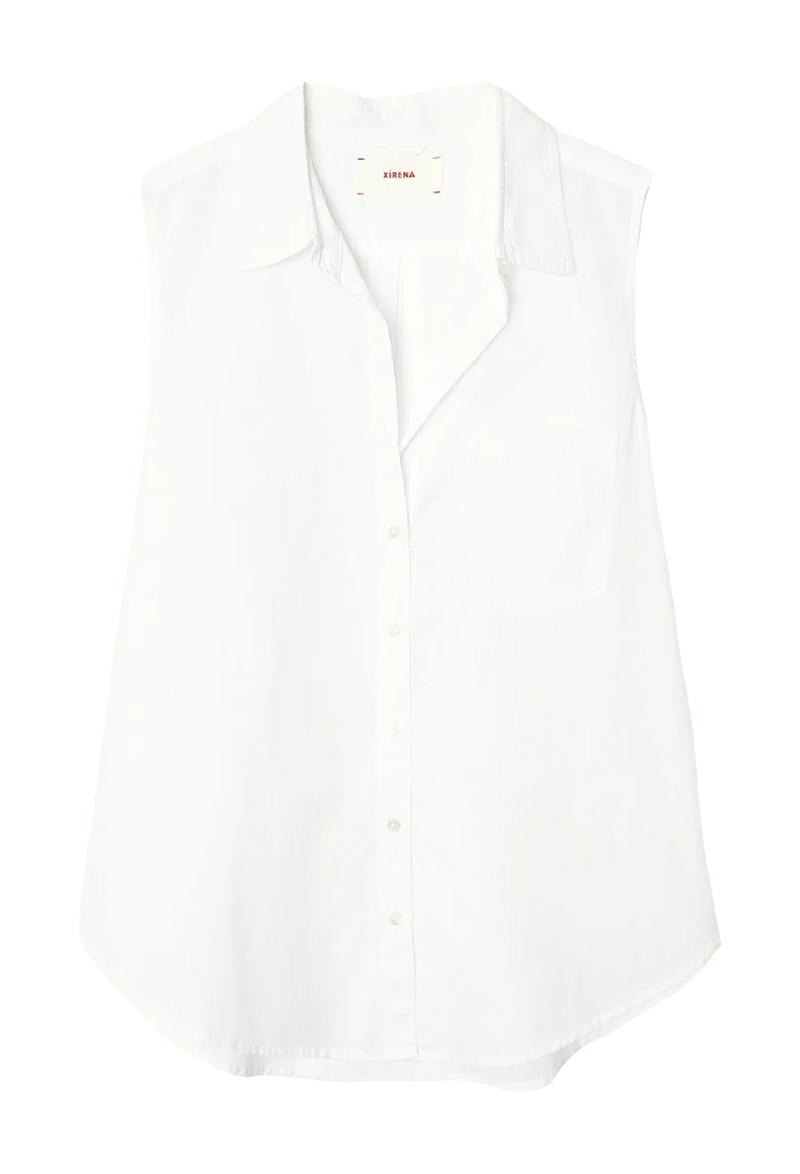 a white sleeveless button-front shirt with chest patch pocket. transparent background