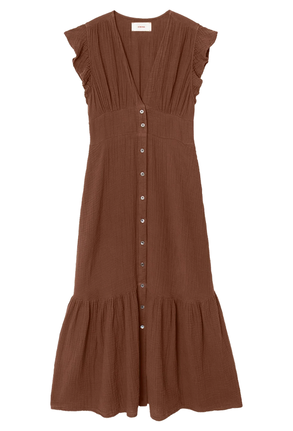 cocoa brown button front v-neck dress with short flutter sleeves and a tiered skirt. transparent background