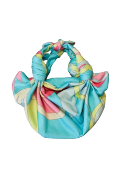 a blue knotted strap handbag with pink and green. transparent background.