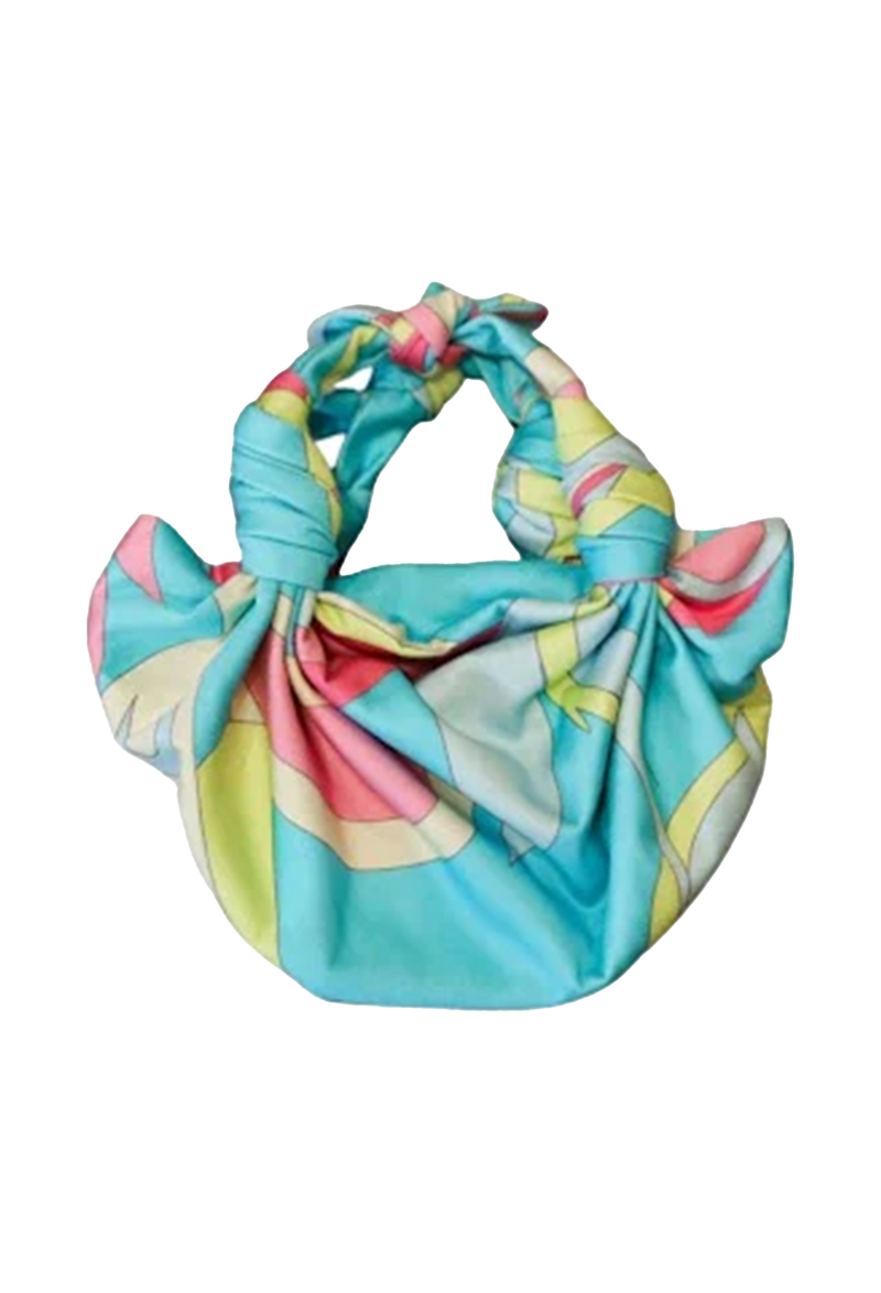 a blue knotted strap handbag with pink and green. transparent background.