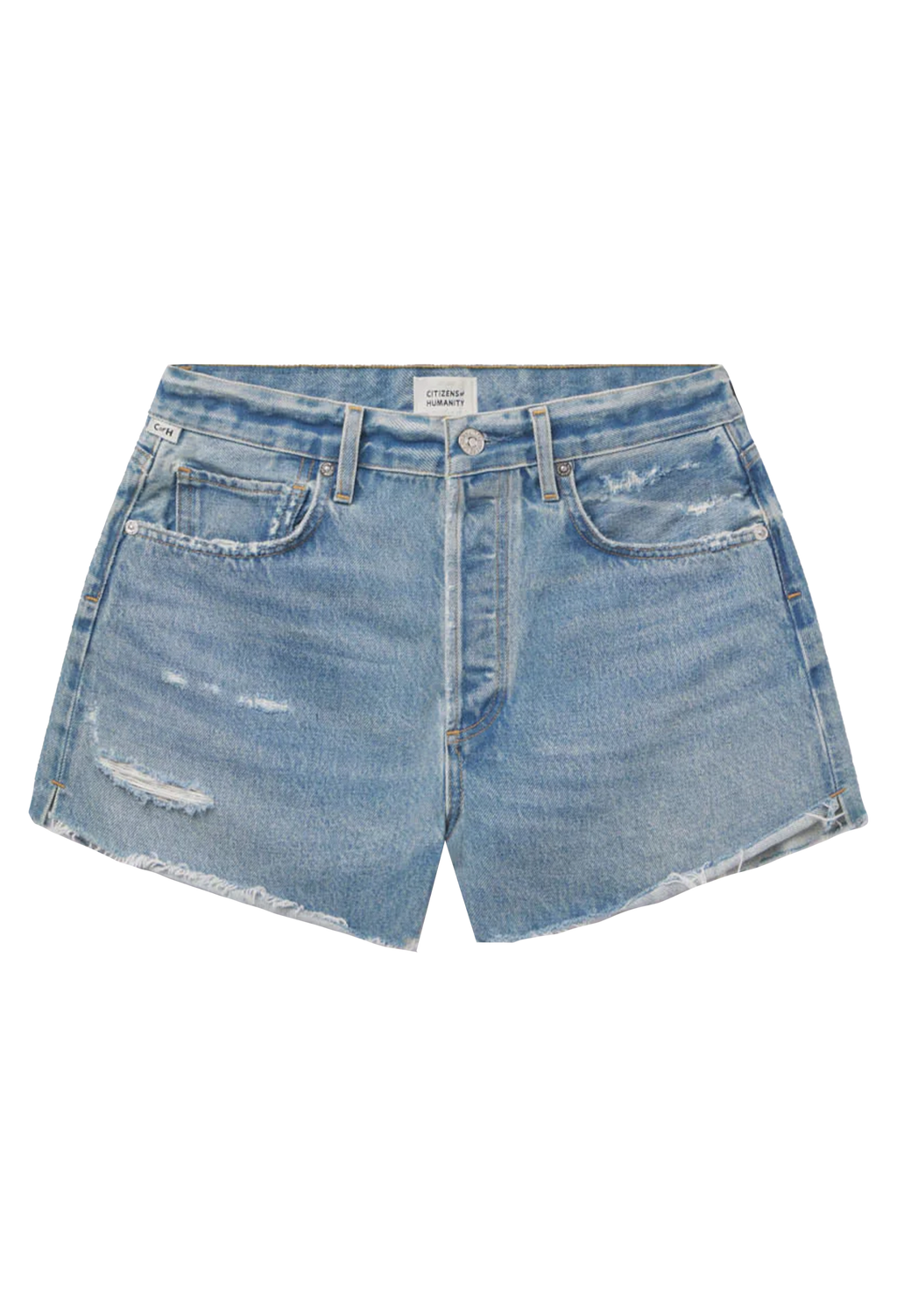 frayed light wash denim shorts. transparent background.