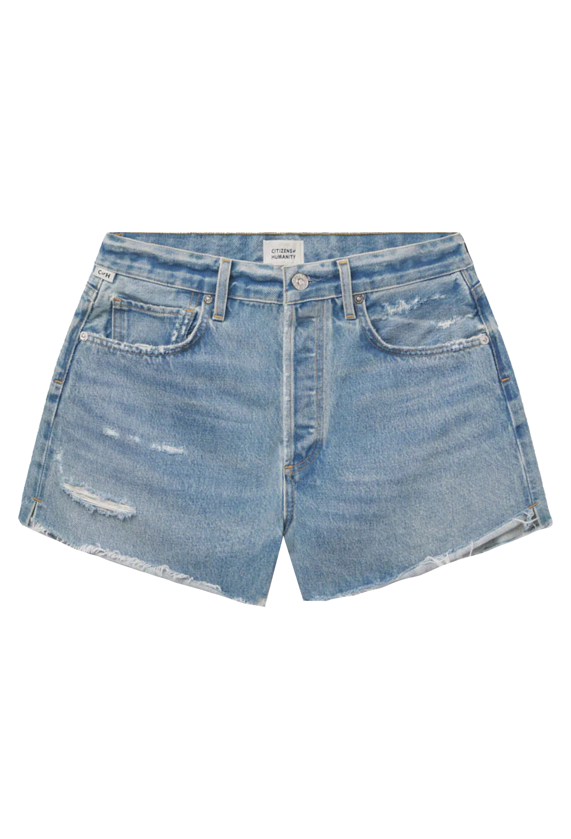 frayed light wash denim shorts. transparent background.