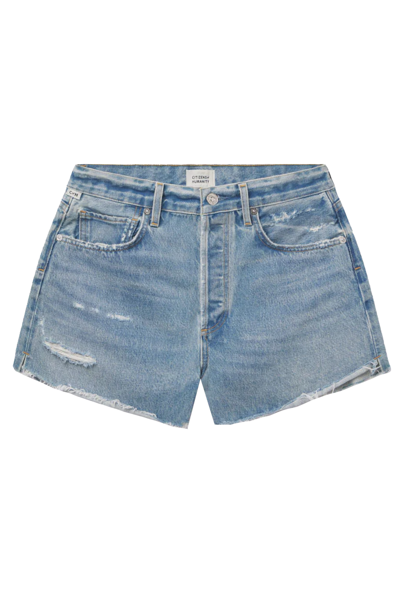 frayed light wash denim shorts. transparent background.