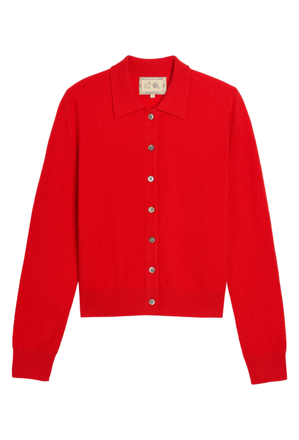 a red button down cashmere cardigan with a collar. transparent background