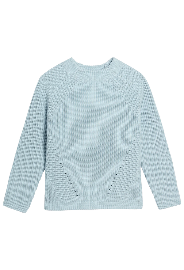 a light blue funnel neck sweater with a ribbed textured knit. transparent background.