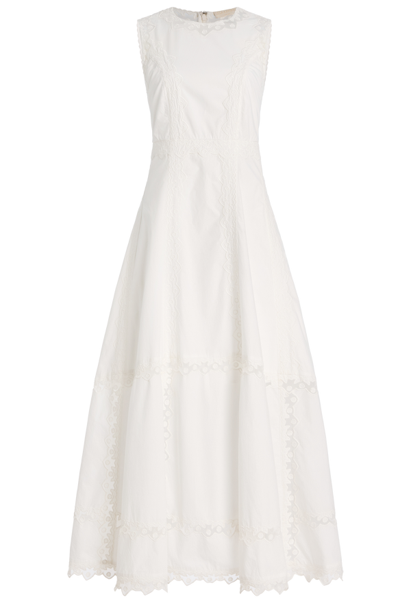 a sleeveless midi white dress with tulle appliques. transparent background.