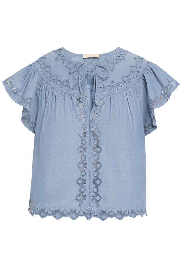 A blue flutter sleeve top with tulle applique and a front necktie. transparent background. 