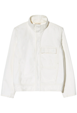 a cream denim jacket with one front flap pocket. transparent background. 