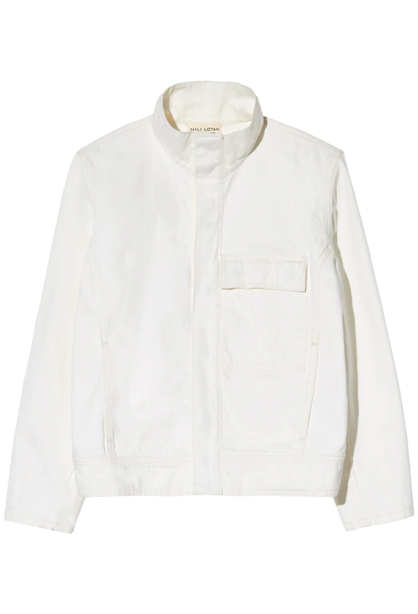 a cream denim jacket with one front flap pocket. transparent background. 