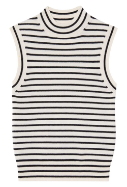 a white mock neck sweater tank with black stripes. transparent background.