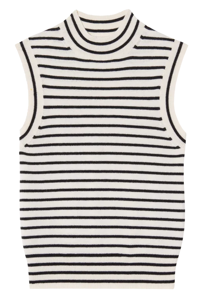 a white mock neck sweater tank with black stripes. transparent background.