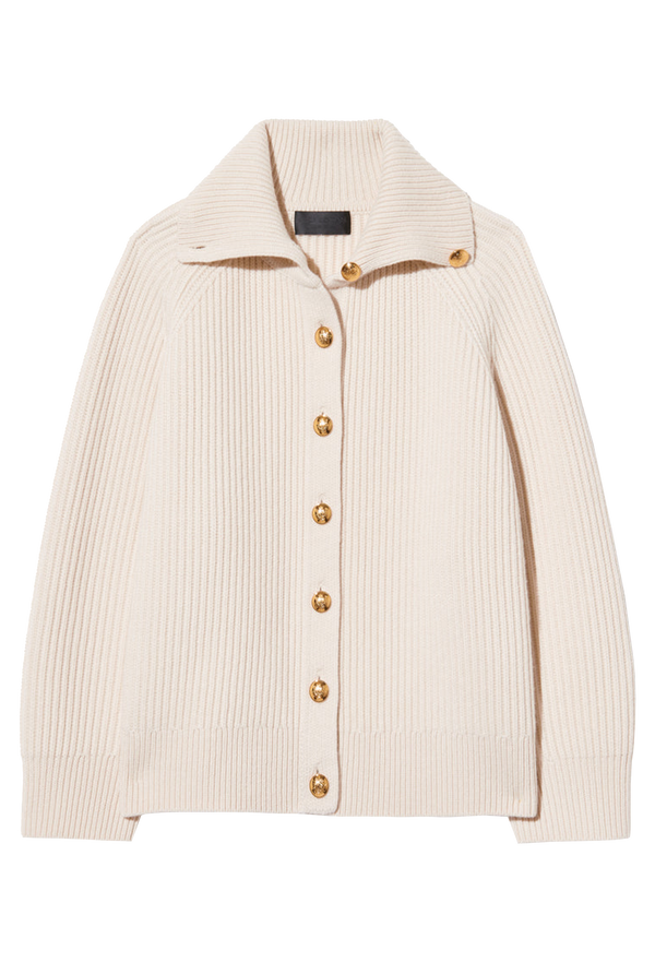 an ivory ribbed cashmere cardigan with gold buttons. transparent background.