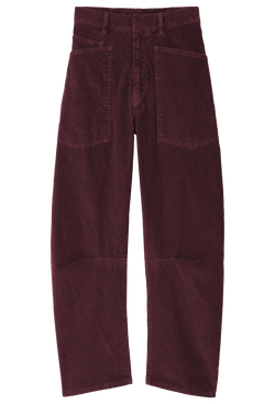 wine red corduroy pants with deep front patch pockets. transparent background.