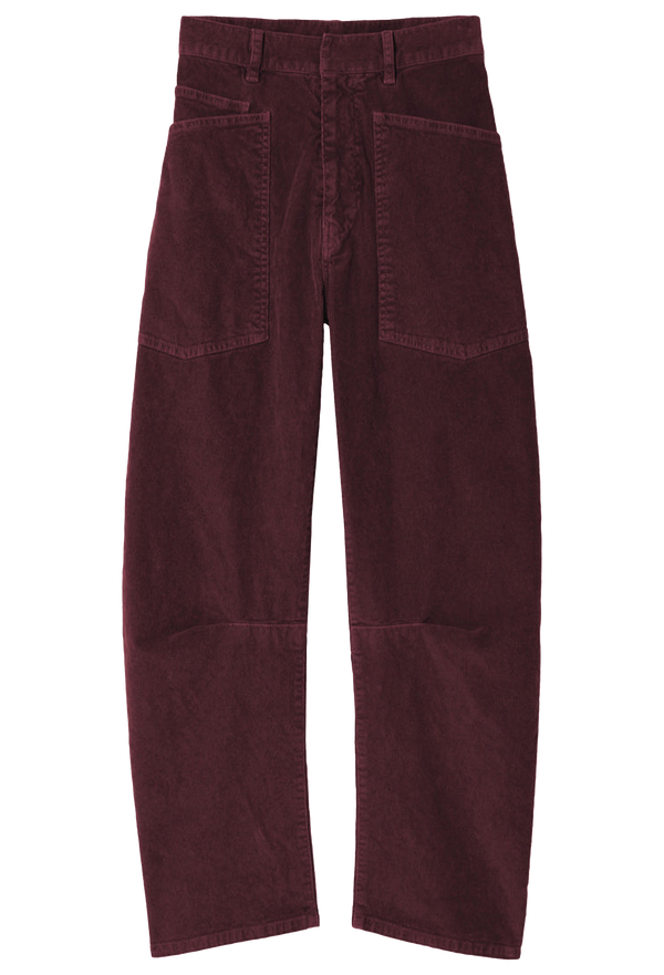 wine red corduroy pants with deep front patch pockets. transparent background.