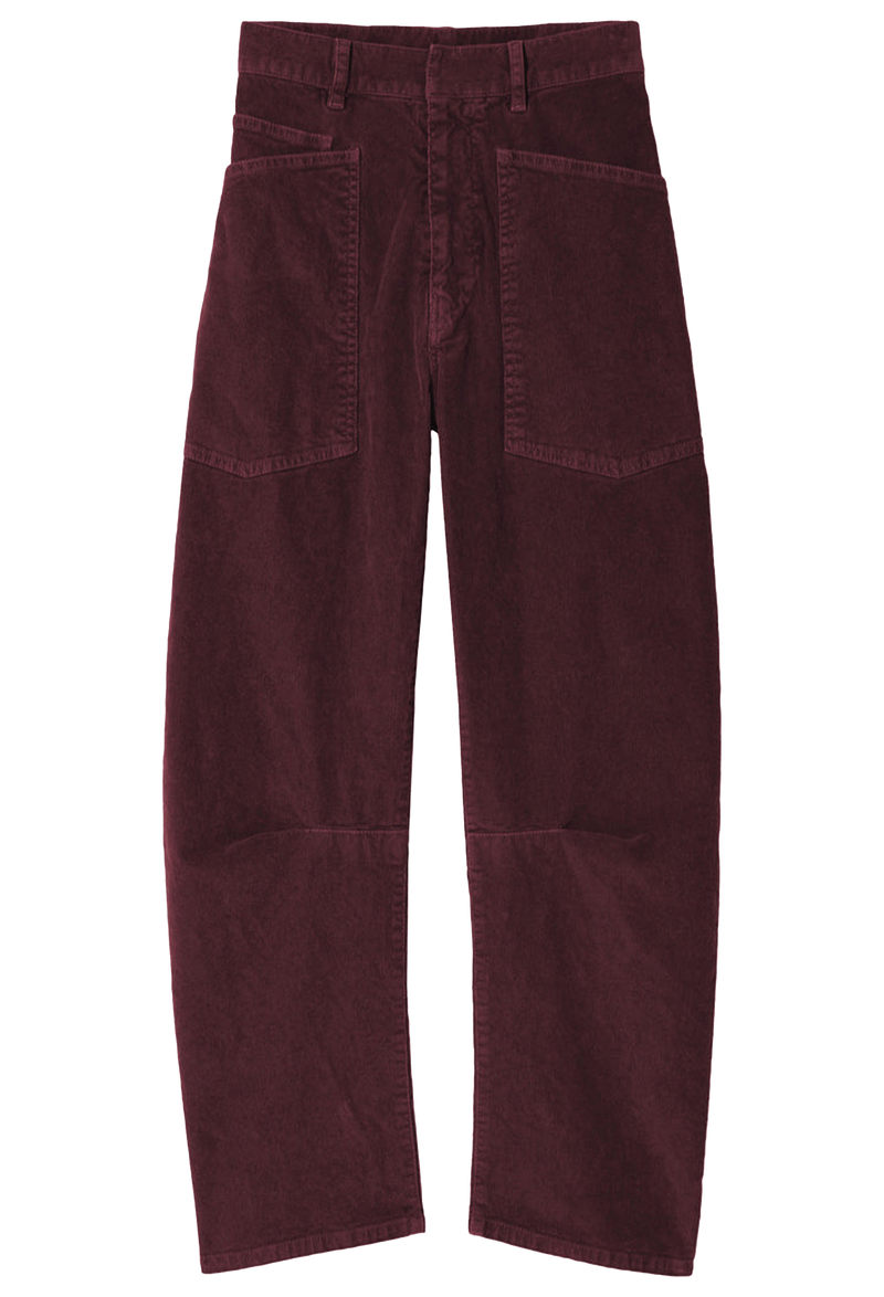 wine red corduroy pants with deep front patch pockets. transparent background.