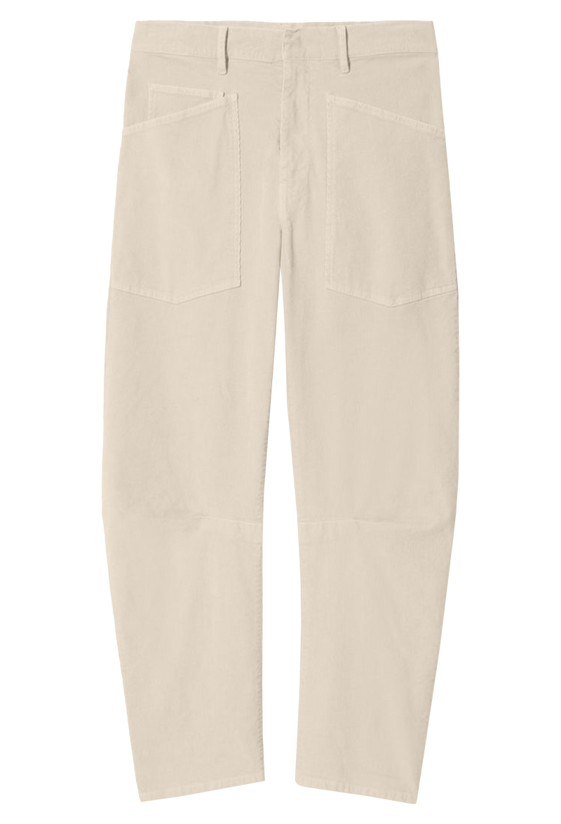 light beige corduroy pants with deep front patch pockets. transparent background.
