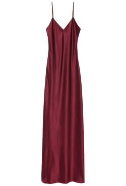 a red silk cami floor length dress with skinny straps. transparent background.