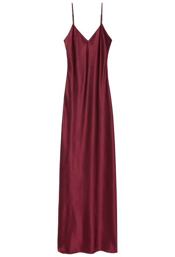 a red silk cami floor length dress with skinny straps. transparent background.