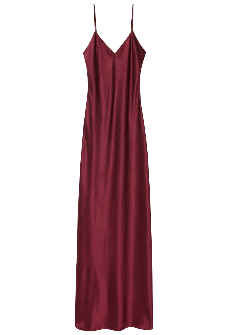 a red silk cami floor length dress with skinny straps. transparent background.