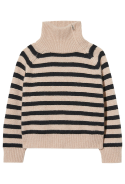 a beige turtleneck sweater with black stripes. transparent background. 