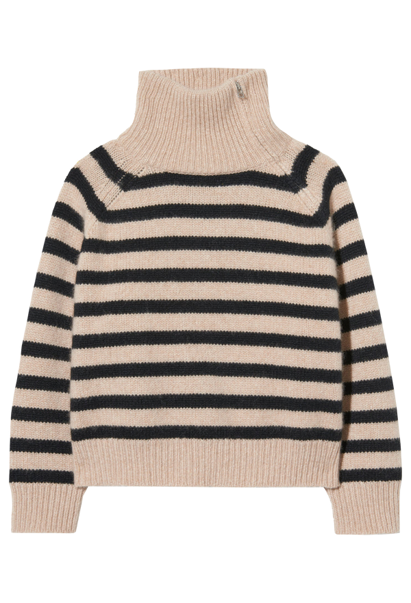 a beige turtleneck sweater with black stripes. transparent background. 